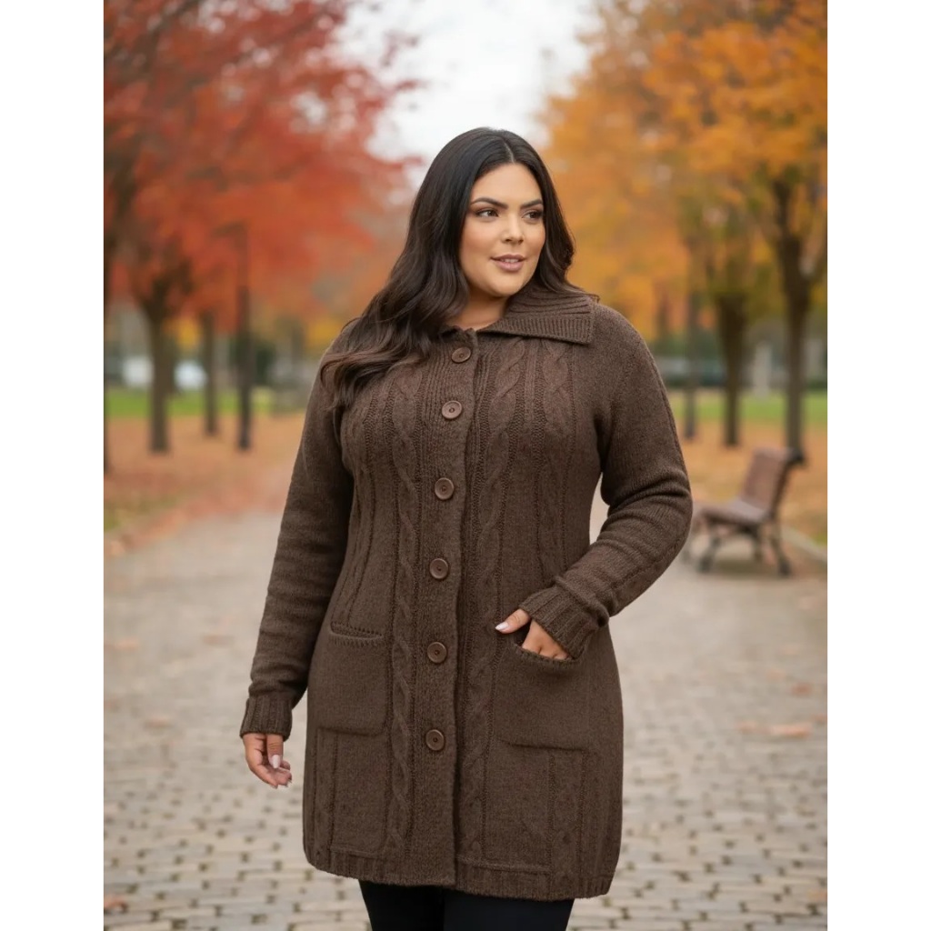 Sobretudo Plus Size Longo Botão Bolso Tricot Mousse Premium