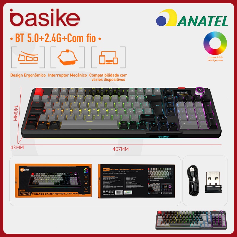 Basike Teclado Mecânico Modo triplo，RGB Switches vermelhos Teclado mecânico Design ergonômico Com visor digital，key391