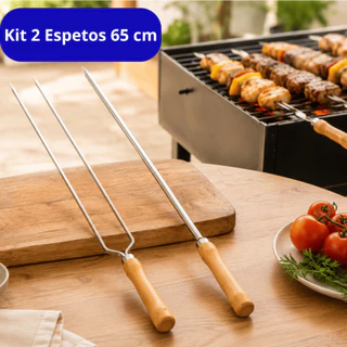 Kit Espeto Duplo e Simples 65 cm Para Churrasco Aço Cromado Cabo Madeira Churrasqueiro