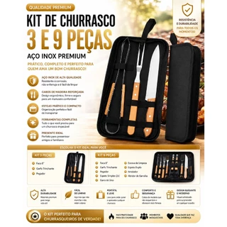 Kit de Churrasco Conjunto de 3 E 9 Peças Aço Inox Com Estojo Kit Churrasqueiro Presenteável