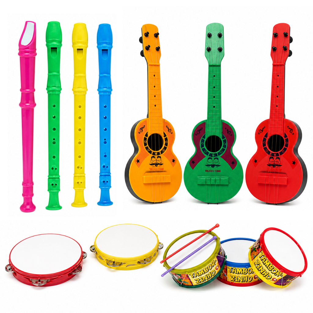 KIT 4 BRINQUEDOS KIT MUSICAL FLAUTA,PANDEIRINHO,TAMBORZINHO,VIOLÃO