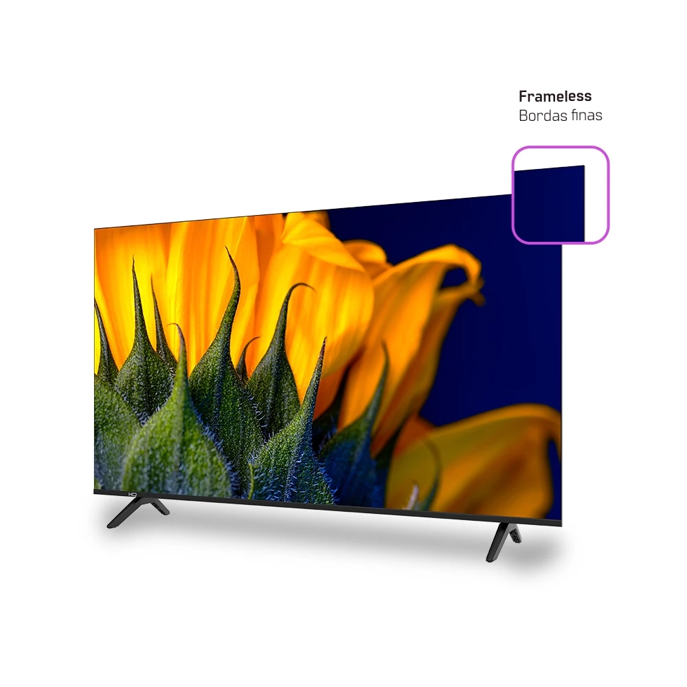 Detalhe da lateral da Smart TV HQ evidenciando o design frameless com bordas finas