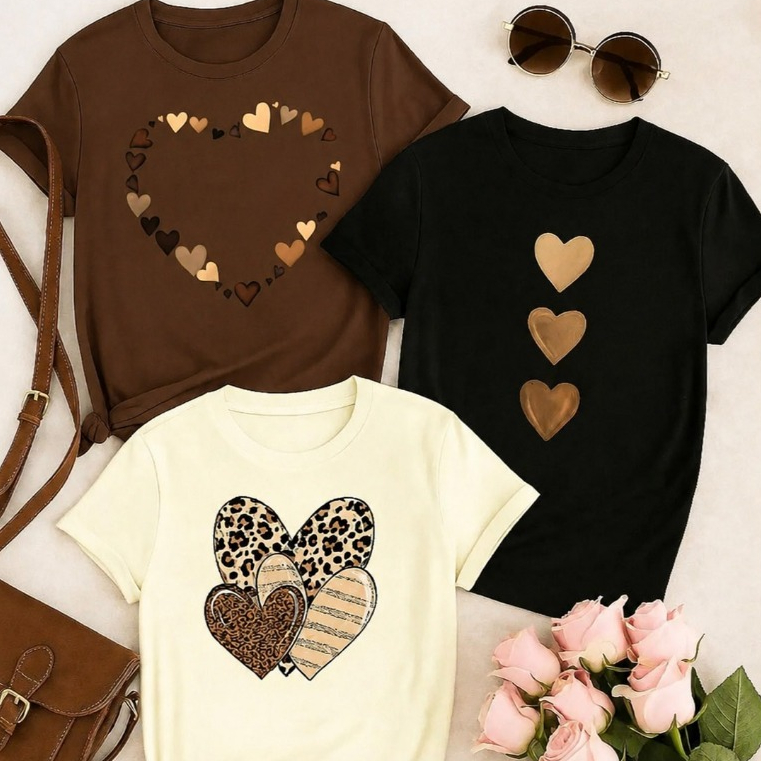 Kit 3 Camisetas Femininas Estampadas Coração Casual Blusas T-Shirt Algodão Moda Blogueira Looks Dia