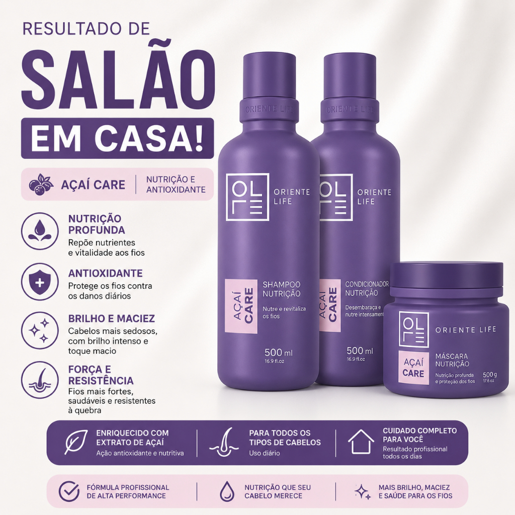Kit Açaí Shampoo Condicionador e Máscara 500ml Oriente Life