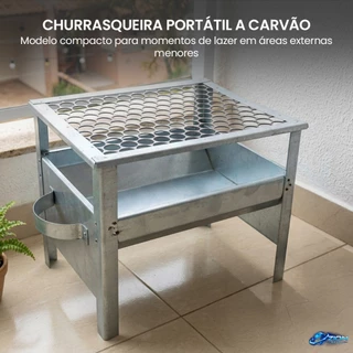 Churrasqueira Portátil Cromada Carvão Galvanizada Pequena Com Grelha Removível Para Varanda Camping