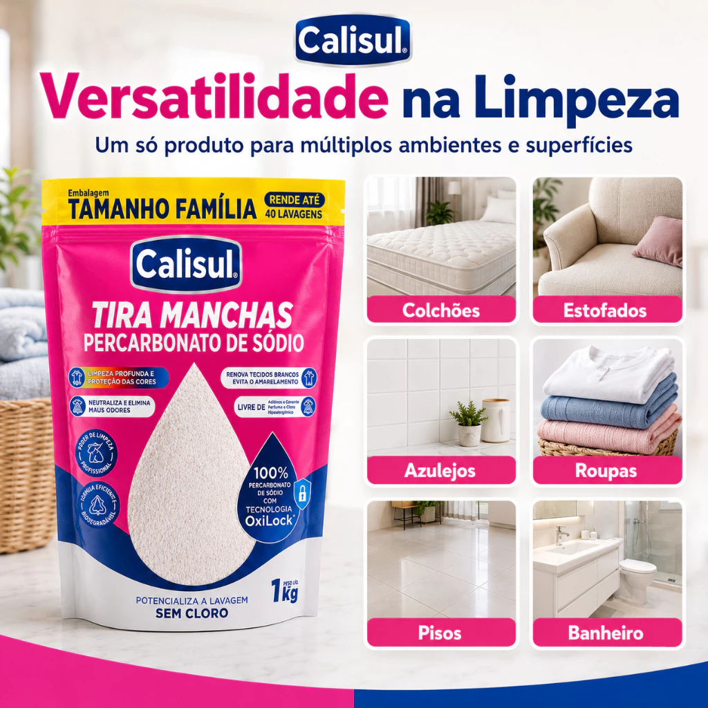 Percarbonato de Sódio Calisul 100% Puro Tira Manchas Alvejante Sem Cloro Roupas Brancas 1kg 2kg 3kg - Imagem 3
