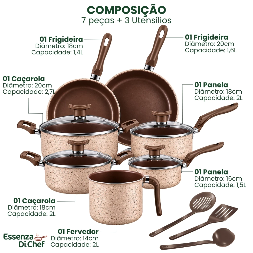 Conjunto de Panelas 10 Peças Alumínio Antiaderente Cappuccino Com Utensílios e Tampa de Vidro - Imagem 2