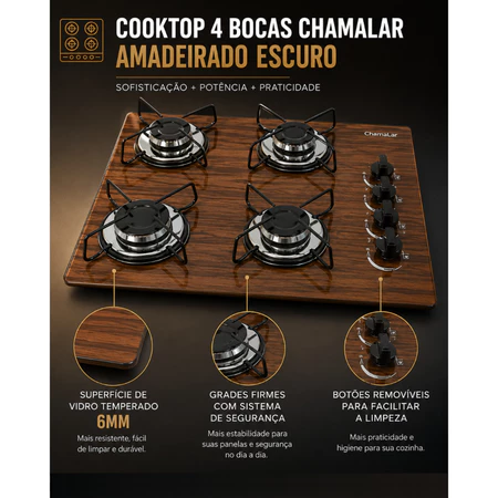 Fogão Cooktop Gás 4 Bocas Ultra Chama Chamalar 127v 220v Amadeirado Escuro