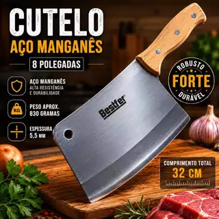 Cutelo Profissional 8" Aço Manganês Robusto Cabo Madeira