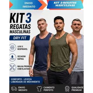 Kit 3 Regata Masculina DRY FIT Tecido Mesclado Academia Treino Camisa Esportiva.