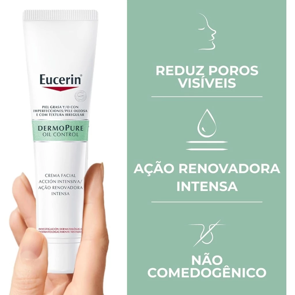 Mão segurando o tubo do creme Eucerin DermoPure ao lado de ícones ilustrativos sobre redução de poros e ação renovadora.