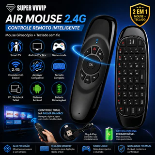Air Mouse 2.4G com Teclado Sem Fio Mini – Controle Remoto Inteligente para Smart TV, TV Box, PC e Android (Plug & Play)
