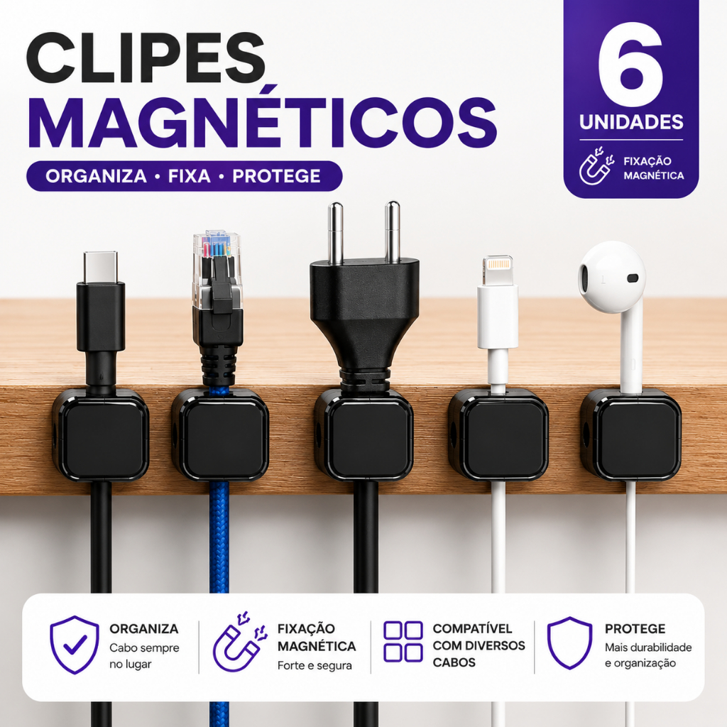 Kit com 6 Clips Magnéticos Organizadores de Cabos Autocolantes