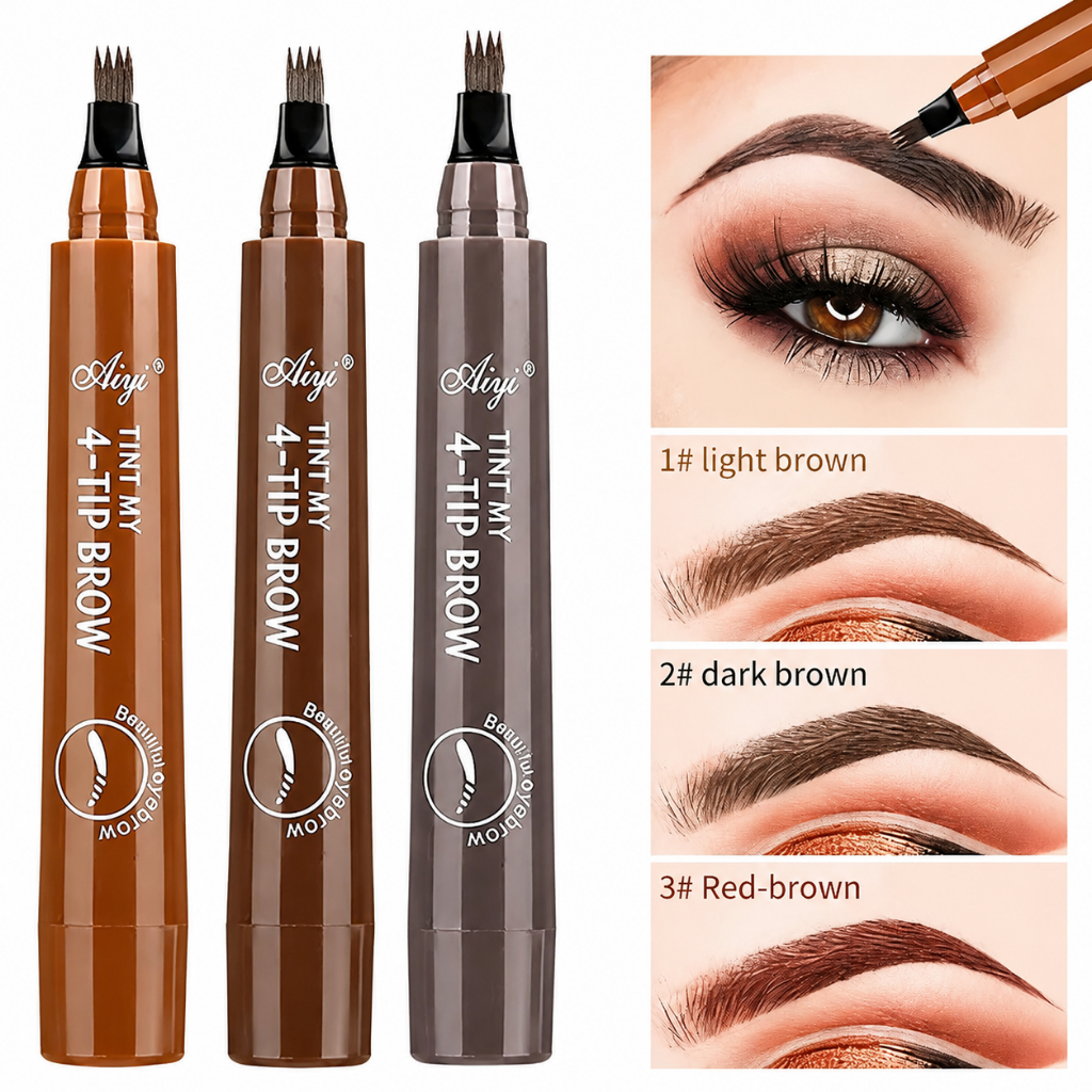 Caneta Sobrancelha 4 Pontas Microblading À Prova D'água - Longa Duração Efeito Fio a Fio