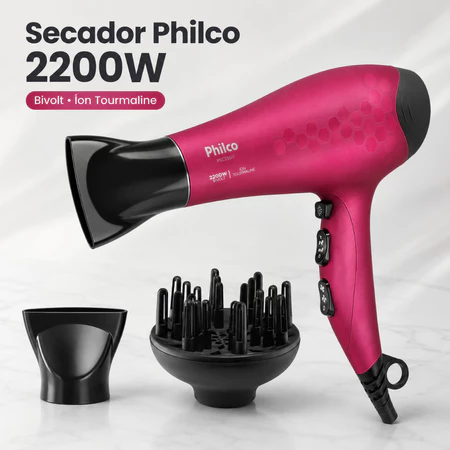 Secador de Cabelos Philco Íons Tourmaline Rosa 2200W Bivolt com 2 Velocidades e 3 Temperaturas
