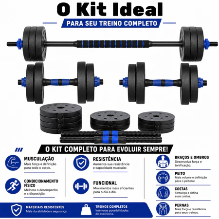 Kit Halteres 20Kg Musculação Treino com Barra Anilha Ajustável