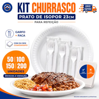 Kit Churrasco Prato de Isopor 23cm p/Refeição + Garfo e Faca com ou sem Guardanapo Kit com 50 100 150 200 Unidades