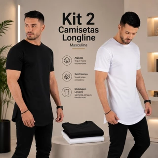 Kit 2 Camisetas Longline Masculinas Algodão Lisa Sem Estampa Gola Redonda P ao GG