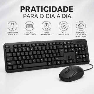 Teclado, Mouse ou Kit Teclado + Mouse USB Com Fio ABNT2 Ergonômico Preto para PC e Notebook