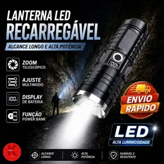 Lanterna Tática LED Recarregável Alta Potência Power Bank