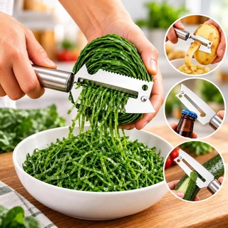 Faca Descascador Fatiador 4 em 1 Inox Corta Couve e Repolho Fininha Legumes Abridor de Garrafa Cozinha Premium