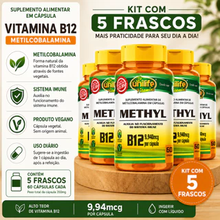 Kit 5 Vitamina B12 Metilcobalamina Unilife 60 Cápsulas 350mg Vegana