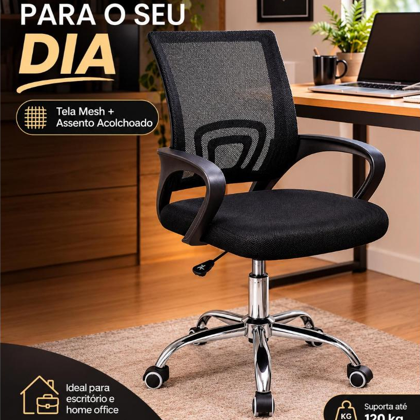 Cadeira Office Giratória Ergonômica Preta com Rodízios e Ajuste de Altura Kazalinda