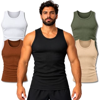 Regatas Masculinas Caneladas Slim Estilo Americano Academia Treino Casual Kit 3 ou 5
