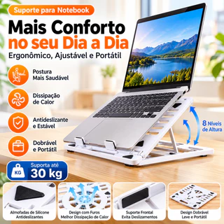 Suporte para Notebook Ergonômico Ajustável 8 Níveis Dobrável com Antiderrapante e Ventilação para Laptop Tablet