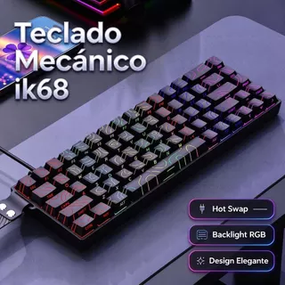 Teclado Mecânico Gamer 68 Teclas, Impressão Lateral Contorno, Retroiluminação RGB, Hot‑Swap Compacto, Cabo USB‑C Destacá