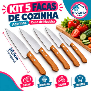 kit Faca de Cozinha Cabo de Madeira Carne Salada Legumes Churrasco