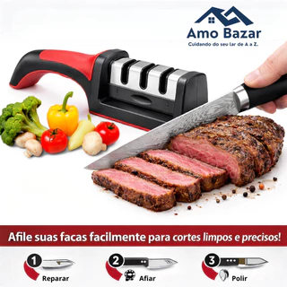 Amolador Afiador de Facas e Tesouras em Aço 3 em 1 Ideal para Cozinha e Churrasco em Oferta na Shopee