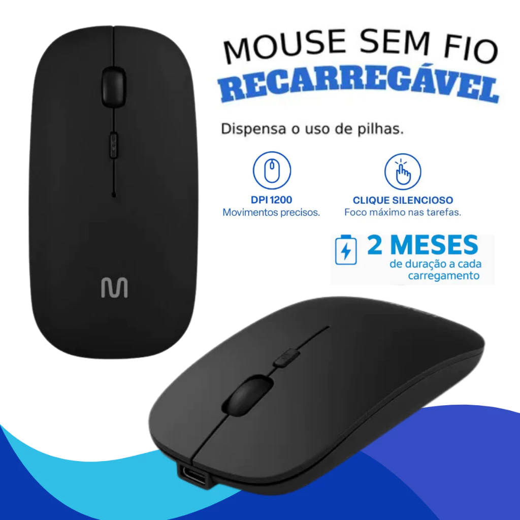Mouse Sem Fio Slim Recarregável USB Clique Silencioso 4 Botões Bateria ...