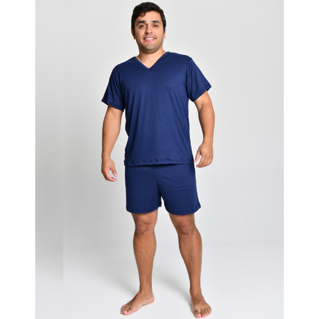 Pijama Masculino Malha Suede Gola V Manga Curta com Short Liso – Conforto Premium P M G GG em Oferta na Shopee