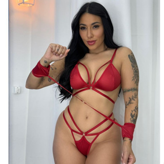 Conjunto Lingerie Sensual Com Algemas Fantasia Erótica Feminina