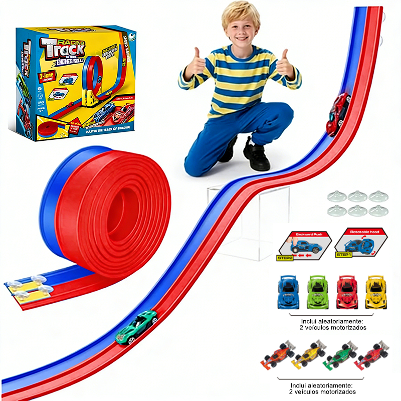 Pista de Corrida Flexível 20FT com Ventosas 2 Veículos e 2 Carros de Retrocesso Brinquedo Infantil