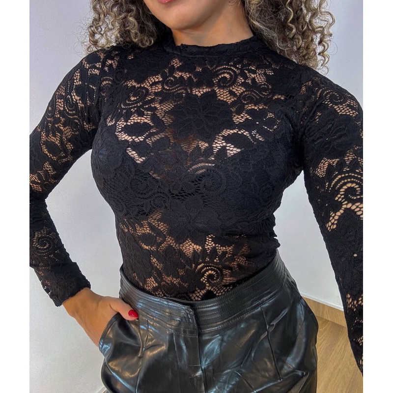 Body de Renda Tule Manga Longa Femenino sexy com flor delicada ...