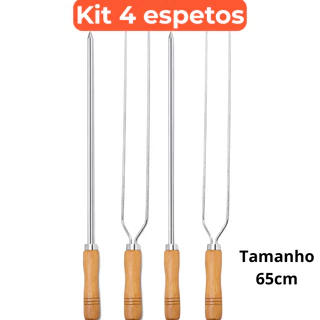 Kit Espetos Churrasco 4 Peças 2 Duplos 2 Simples 65CM Cabo Madeira Reforçado