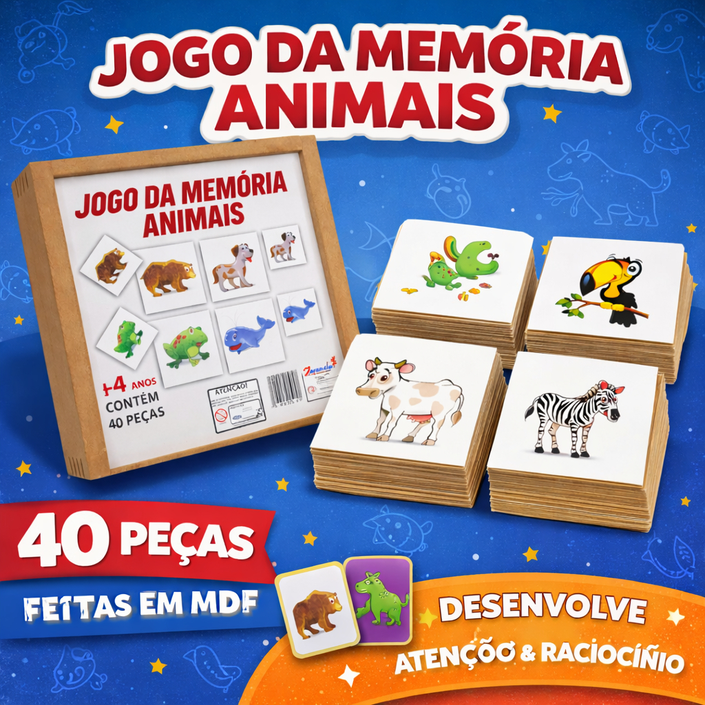 Jogo da Memória Animais MDF 40 Peças Brinquedo Educativo Infantil ...