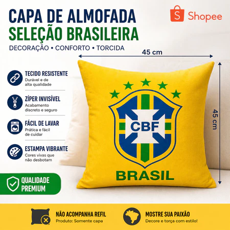 Banner promocional da Shopee exibindo uma capa de almofada amarela com o escudo da CBF e especificações técnicas.