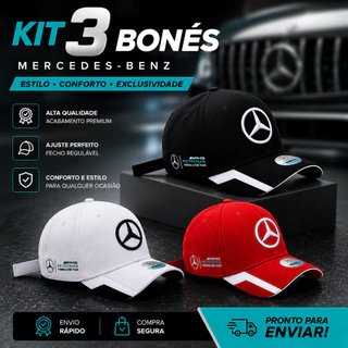 Kit 3 Bonés Mercedes Benz Bordado Premium Ajustáveis Aba Curva Unissex Estilo Automotivo Confortável