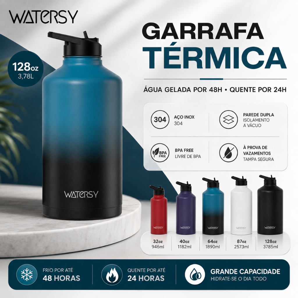 Watersy Garrafa Térmica 128oz/3,78L Inox 304 com Canudo Anti Vazamento para Esporte Viagem Camping