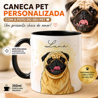 Caneca Personalizada com Caricatura Pet foto mais nome em Xicara Cerâmica 325ml Presente Especial