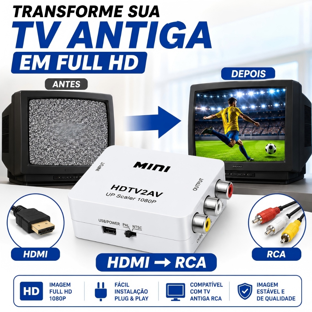 Conversor HDMI Para AV RCA 1080P Adaptador TV Antiga TV Box DVD PS3 ...