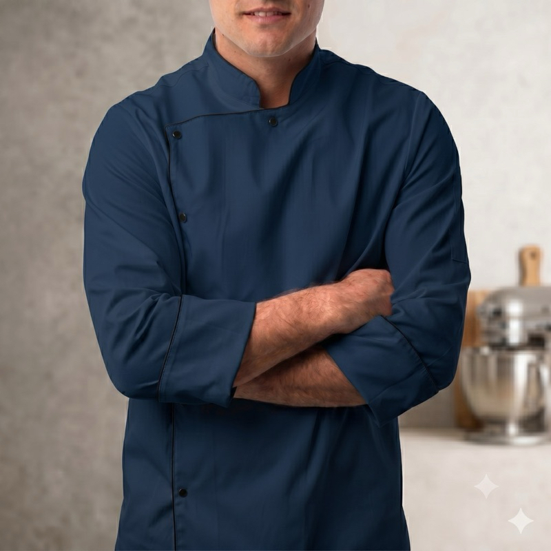 Dolmã Jaleco Chef Cozinha Oxford Azul Marinho Manga 3/8 Botã