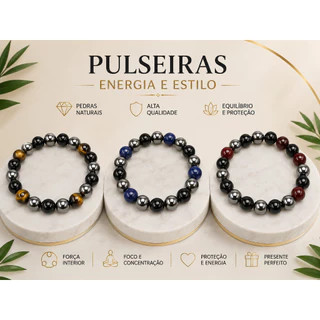 Pulseira Pedra Natural Mix Hematita, Olho de Tigre e Onix Cura Energia Bolinhas Hematita