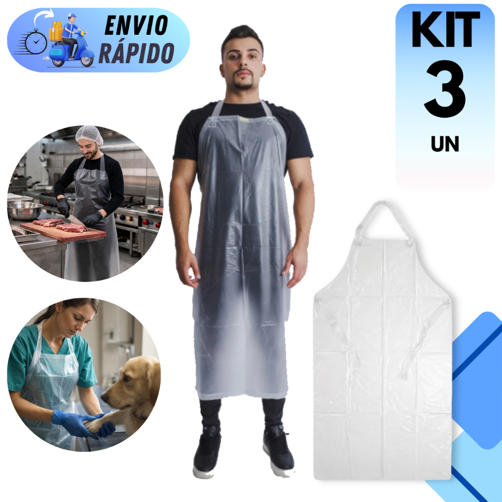 Kit 3 Avental Vinil Incolor Impermeável 120x70cm Cozinha Churrasco Açougue Limpeza Profissional