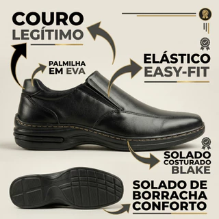 SAPATO MASCULINO CONFORT CALCE FACIL SLIP ON EM COURO LEGÍTIMO PARA TRABALHO