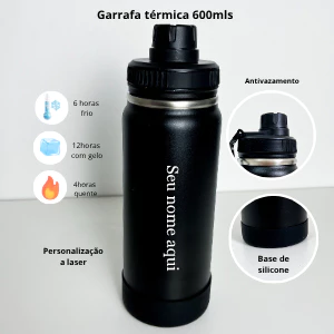 Garrafa Personalizada 600ML Térmica Preta - Tampa Anti Vazamento Gravação Premium A Laser