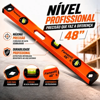 Nível Alumínio Imã Régua 3 Bolhas Construção Régua 48" Famastil Régua Precisão Obra Nível de Mão